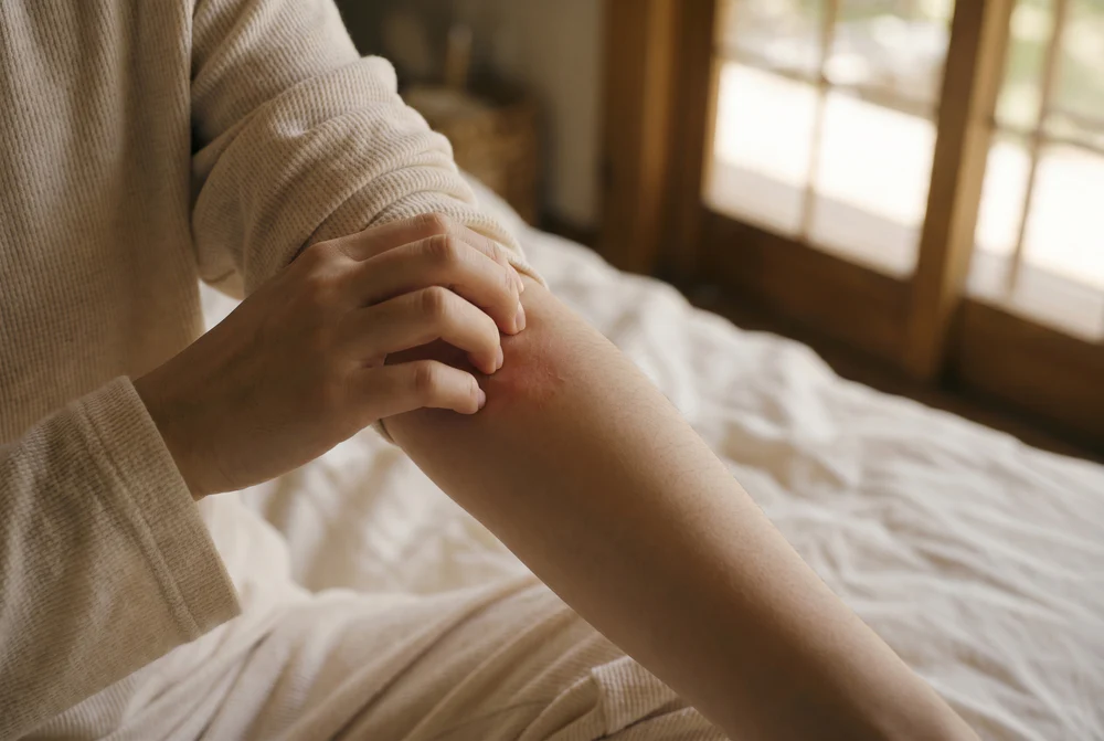 Person scratching irritated skin on arm