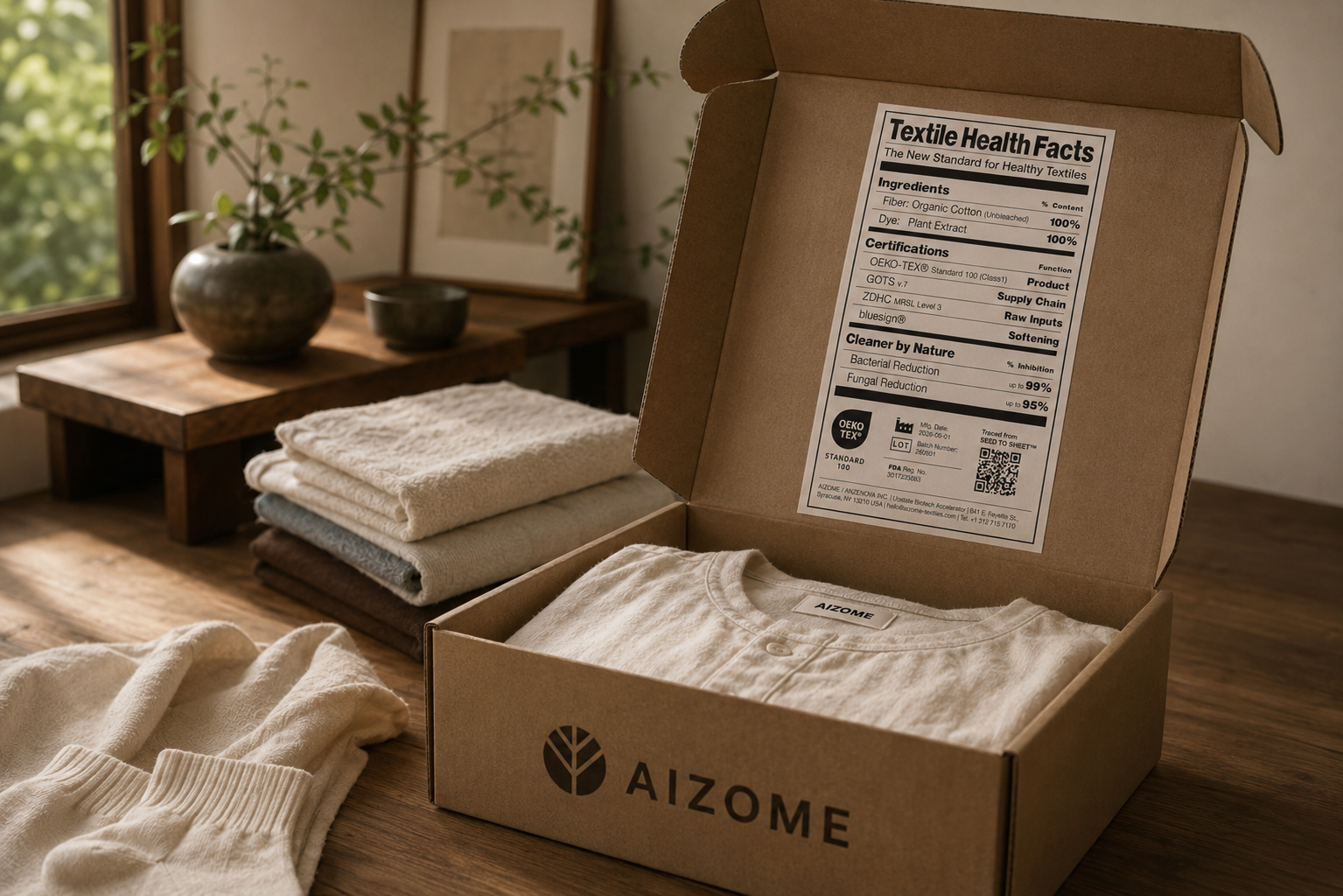 AIZOME Second Skin Capsule box with Textile Health Facts label, organic cotton garments folded inside