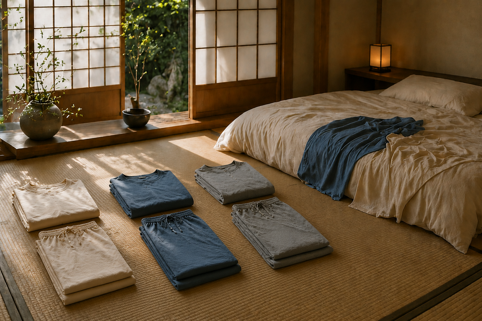 Three colorways of the Second Skin Capsule — virgin cotton, natural indigo, and gallnut — folded on a tatami mat in a Japanese room